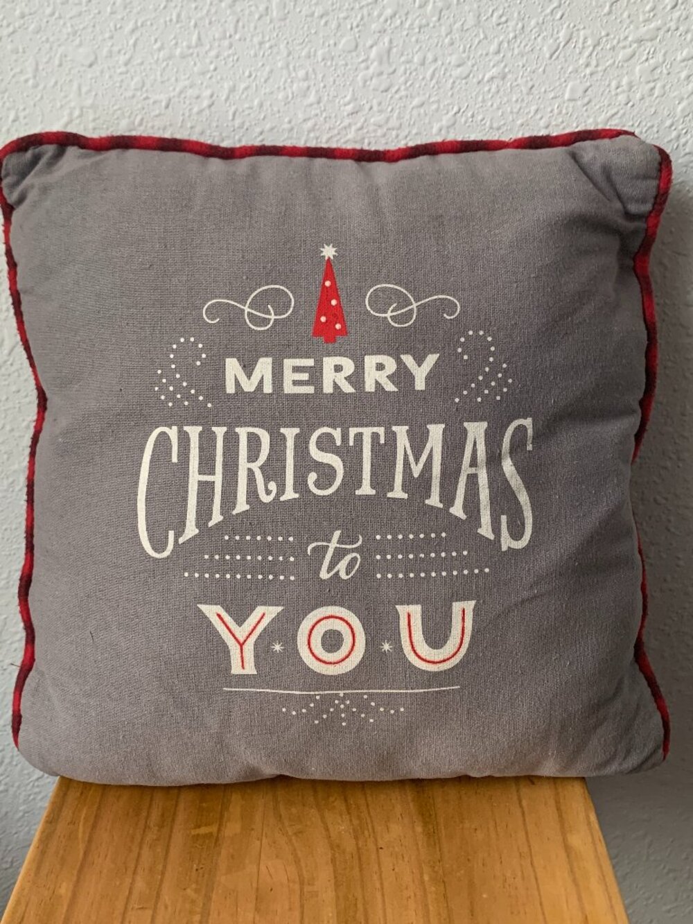 Hallmark Christmas Throw Pillow 12x12 Gray Red Plaid Merry Christmas To You Holi